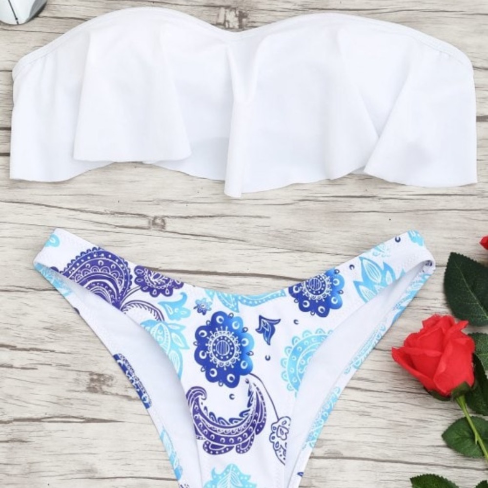 Ruffle strapless, high cut bikini set